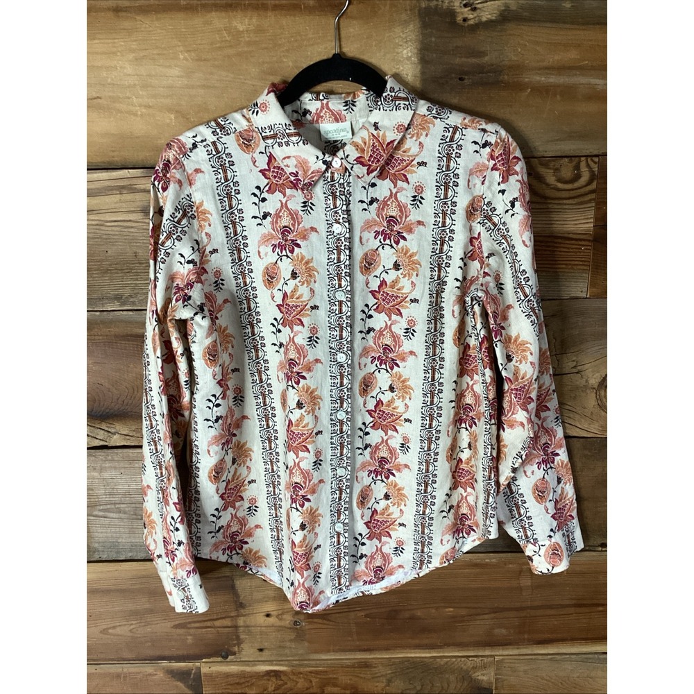 Spartina 449 Blouse Womens Sm Callie Linen Floral Linden Thistle Button Up